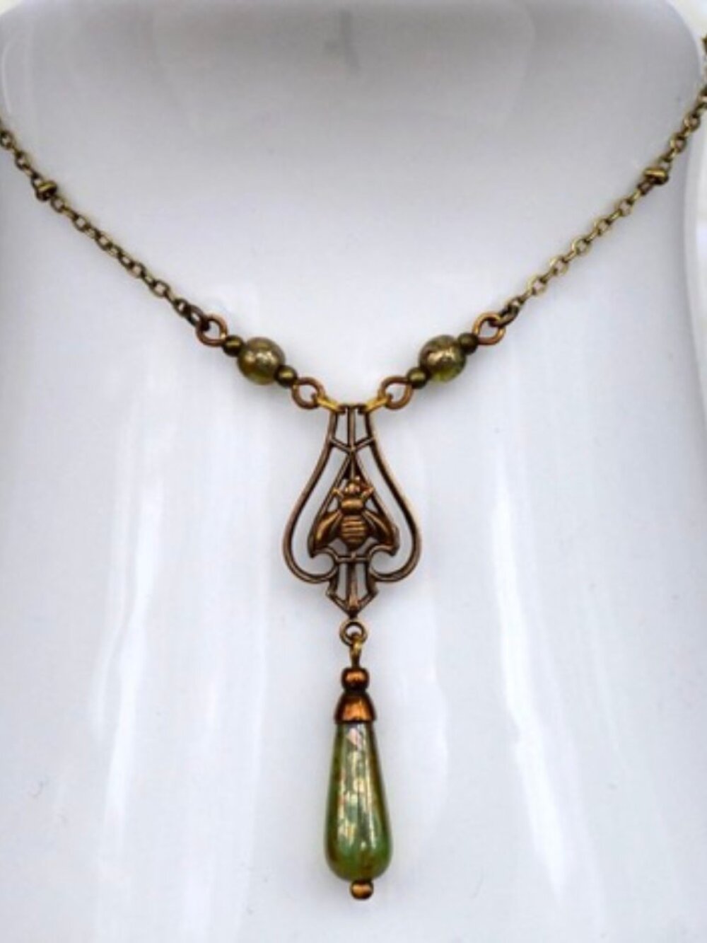 Vintage Czech Brass and Green Stone Necklace